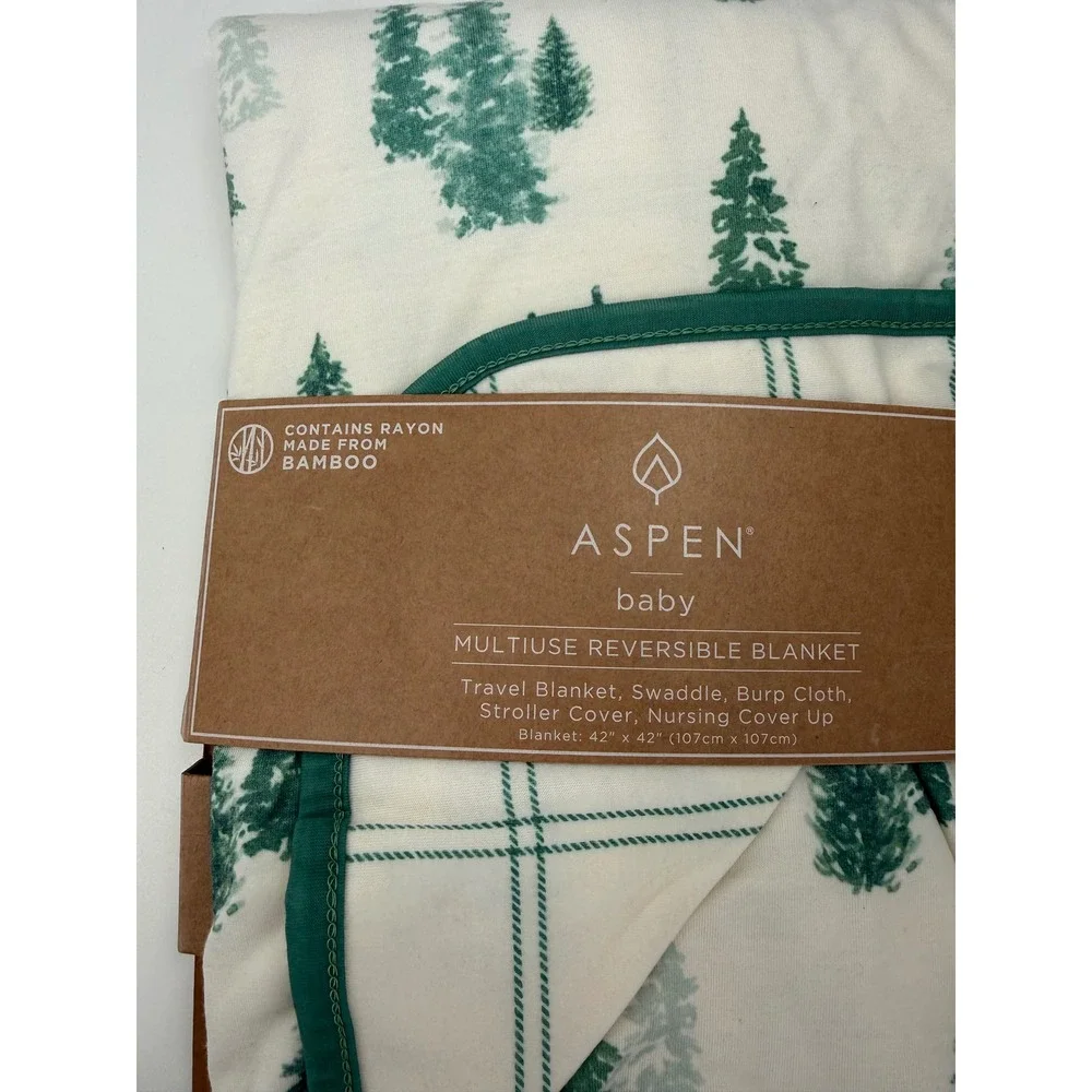 Aspen Baby Reversible Blanket Unisex 42x42 Green NWT Woodland Tree Bamboo Rayon